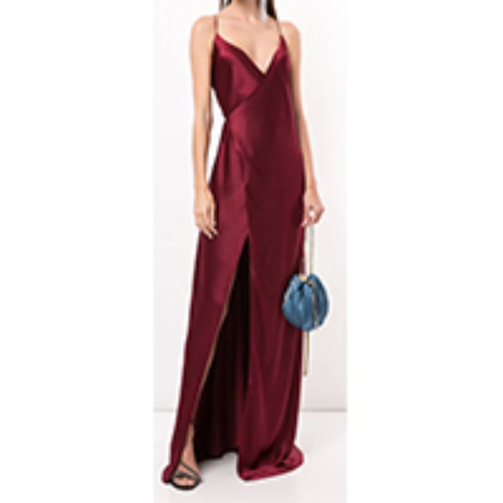 Michelle Mason Burgundy Red Wrap Maxi-Dress Gown